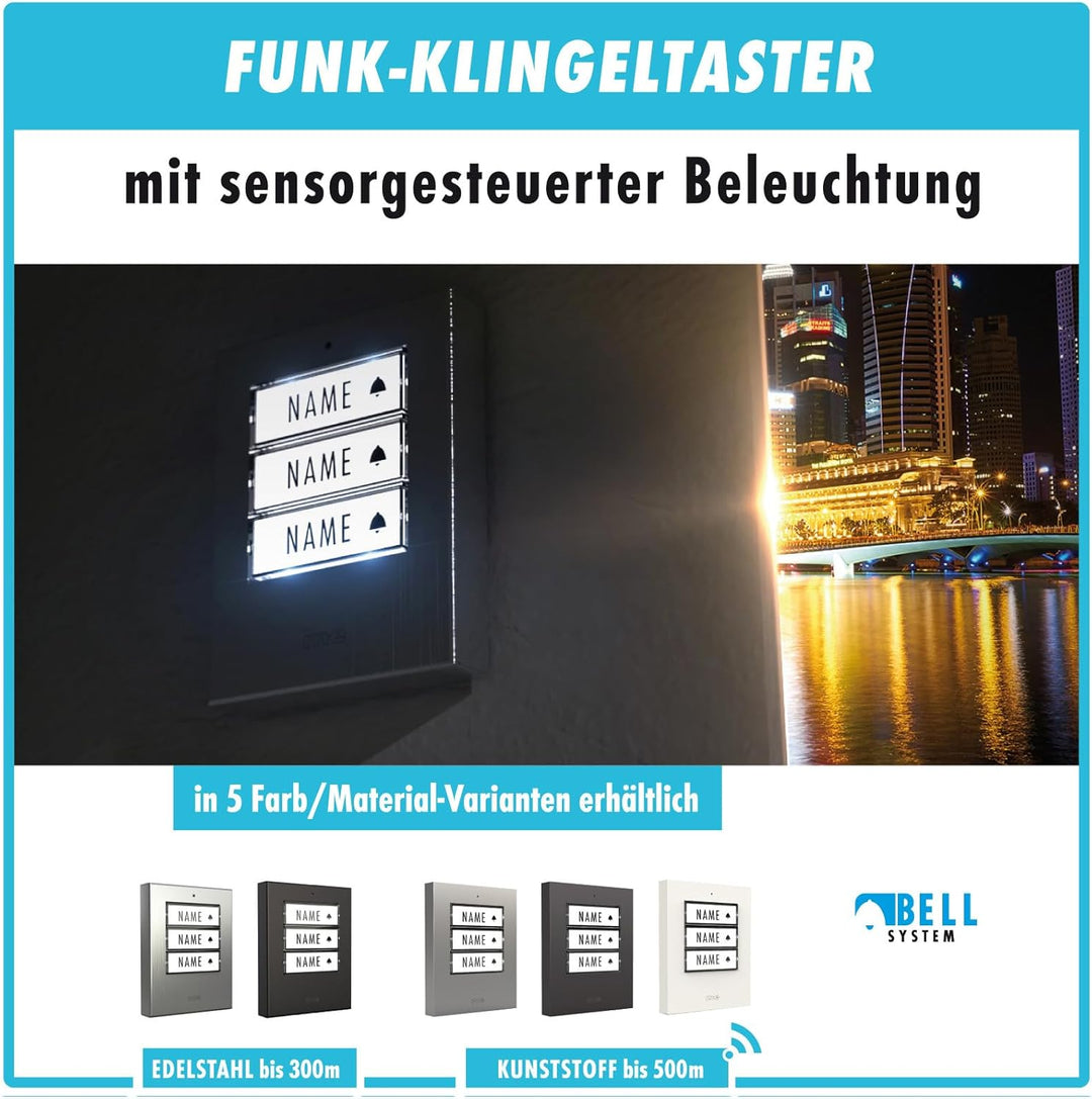 m-e Funkklingel BELL-523 BO Weiss mit Sender und Empfänger für 3-Familienhaus | Erweiterbare kabello