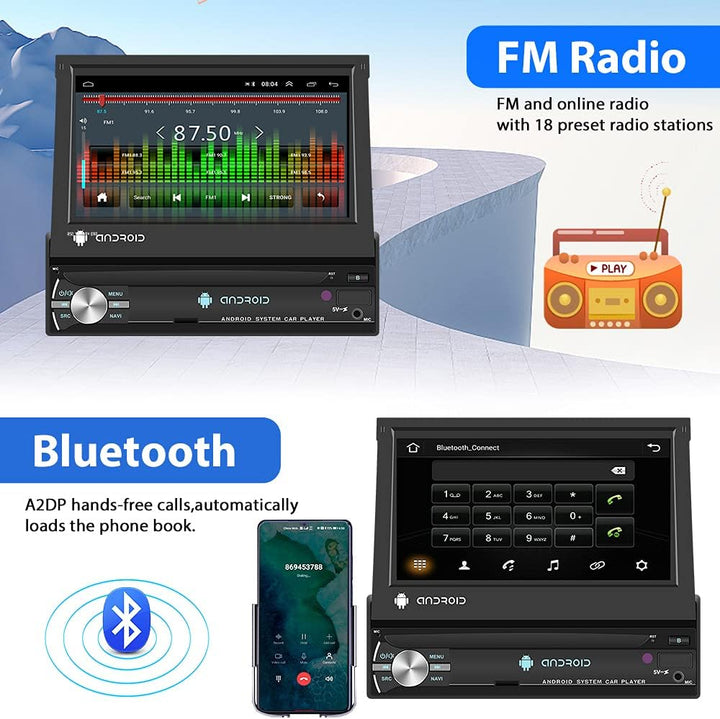 Podofo Autoradio 1 Din mit GPS Navi, Bluetooth RDS, 7 Zoll Bildschirm Ausfahrbarem Manuelle Android