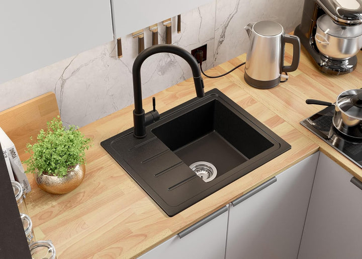 Granitspüle Schwarz 55x44 cm, Spülbecken + Ablauf-Set + Küchenarmatur 9050, Küchenspüle für 45er Unt