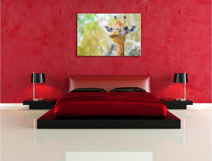Pixxprint Giraffe in der Natur Kunst Buntstift Effekt, Format: 100x70 auf Leinwand, XXL riesige Bild