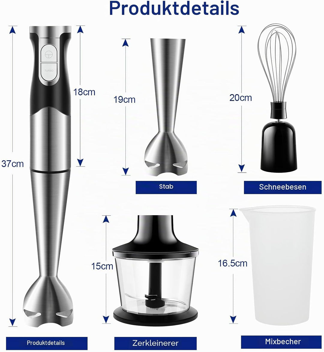 NWOUIIAY Stabmixer set 6-in-1 Pürierstab Edelstahl Set 1200W Stabmixer 600ml Messbecher, Schneebesen