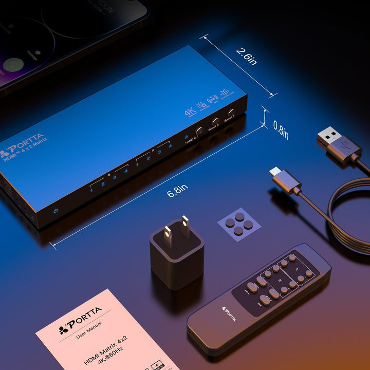 HDMI Matrix 4x2 4K 60Hz, PORTTA HDMI Switch Splitter 4 in 2 Out mit Toslink 3.5mm Audio Extractor AR