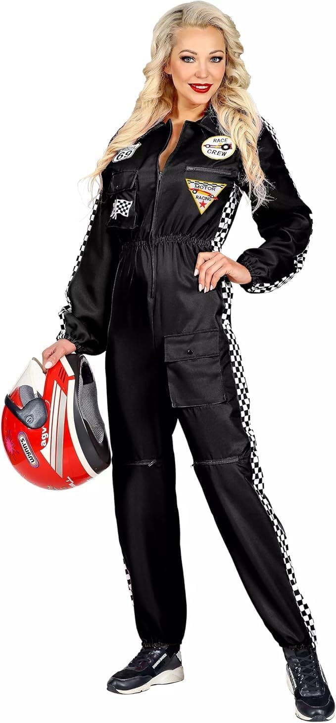 Widmann Rennfahrer Kostüm Overall Jumpsuit schwarz Anzug exklusiv (Damen Overall, X-Large) Schwarz X
