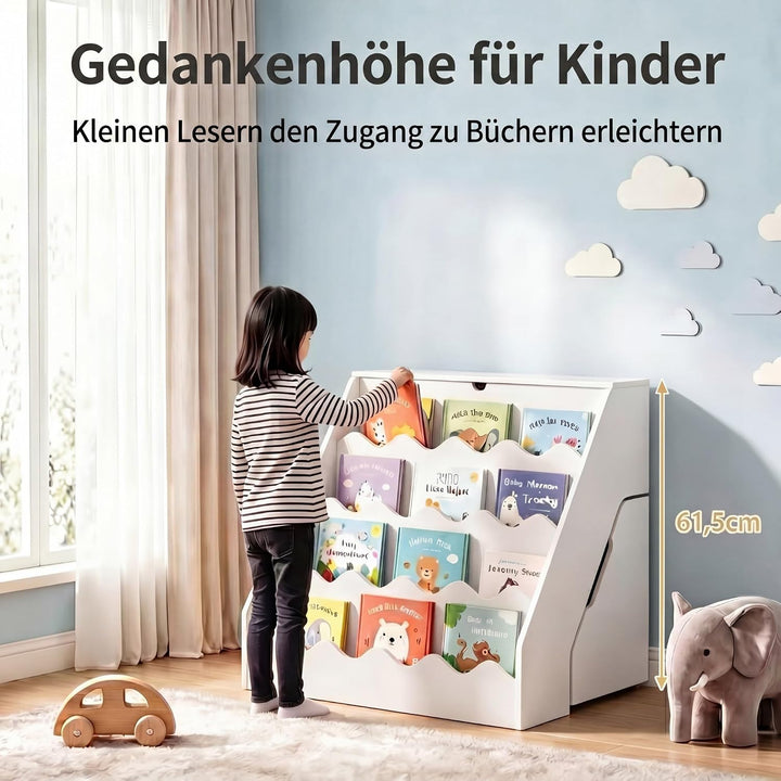 RELAX4LIFE Bücherregal Kinder, Montessori Kinderregal mit 4 Fächern, Klappplatte & Schublade auf Rol