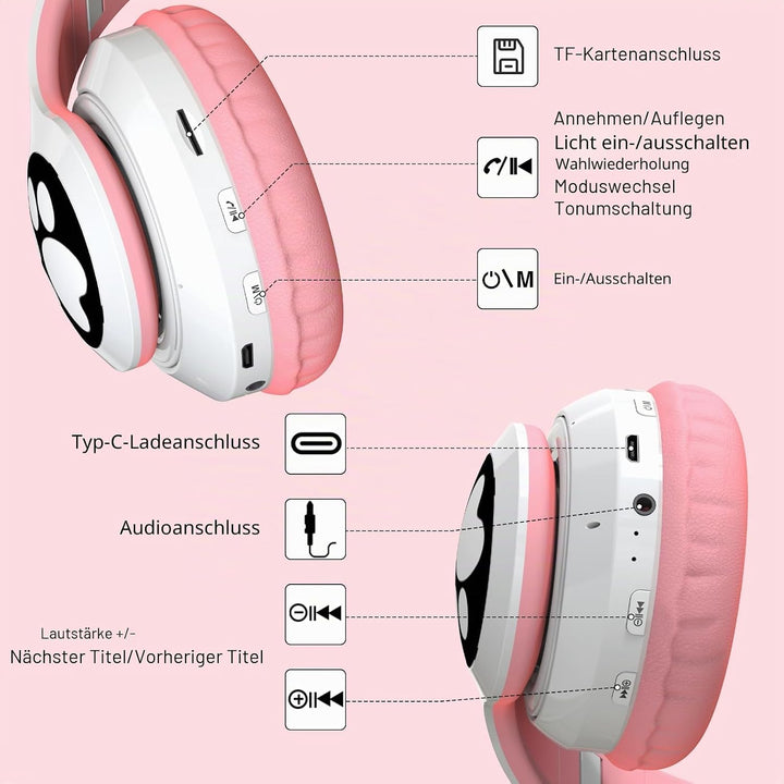 Katzenohr Kopfhörer Kindergeburtstag Geschenke Kind LED Katzenohren Faltbar Kabellose Bluetooth Over