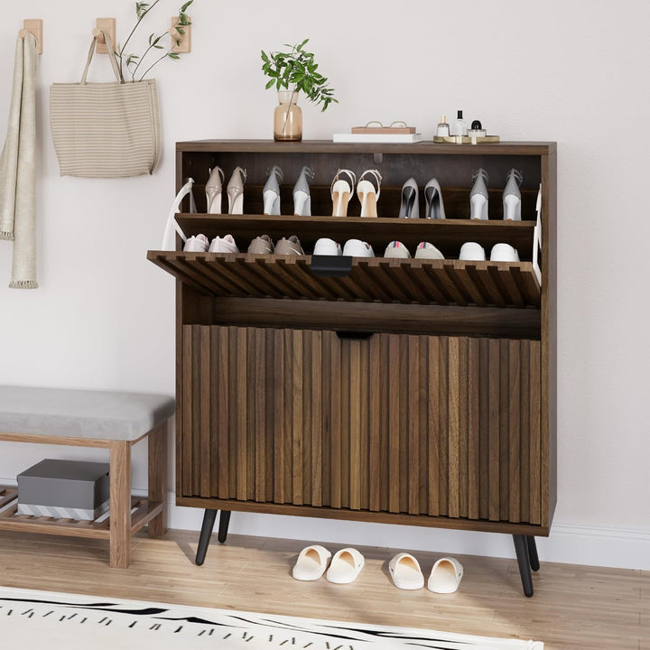 Smuxee Schuhschrank mit 2 Klappschubladen, 80 cm, Walnussholz, versteckter Schuhschrank mit geriffel
