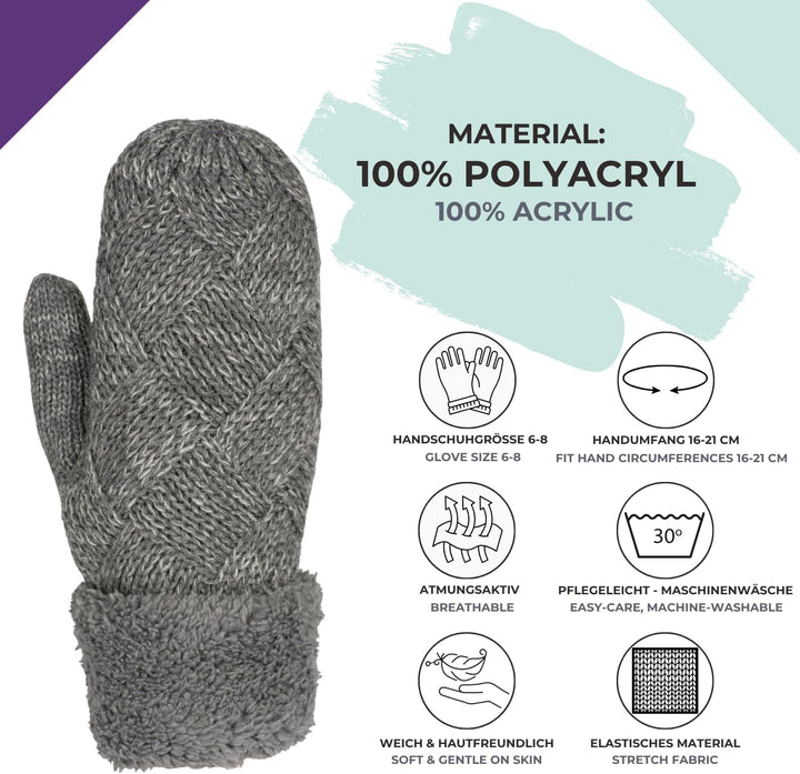 styleBREAKER Damen warme Winter Strick Fäustlinge, Handschuhe mit Rauten Muster, Thermo Fleece, Stri