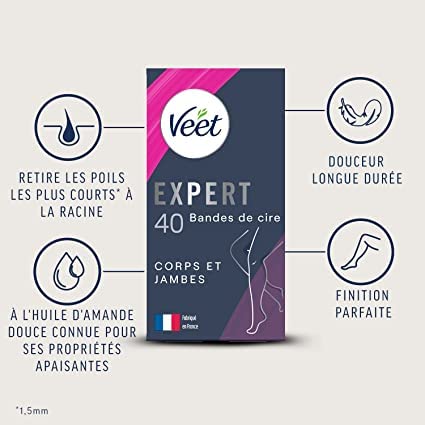 Veet Expert – Set mit 80 Kaltwachsstreifen für Körper & Beine – normale Haut – perfekte Verarbeitung