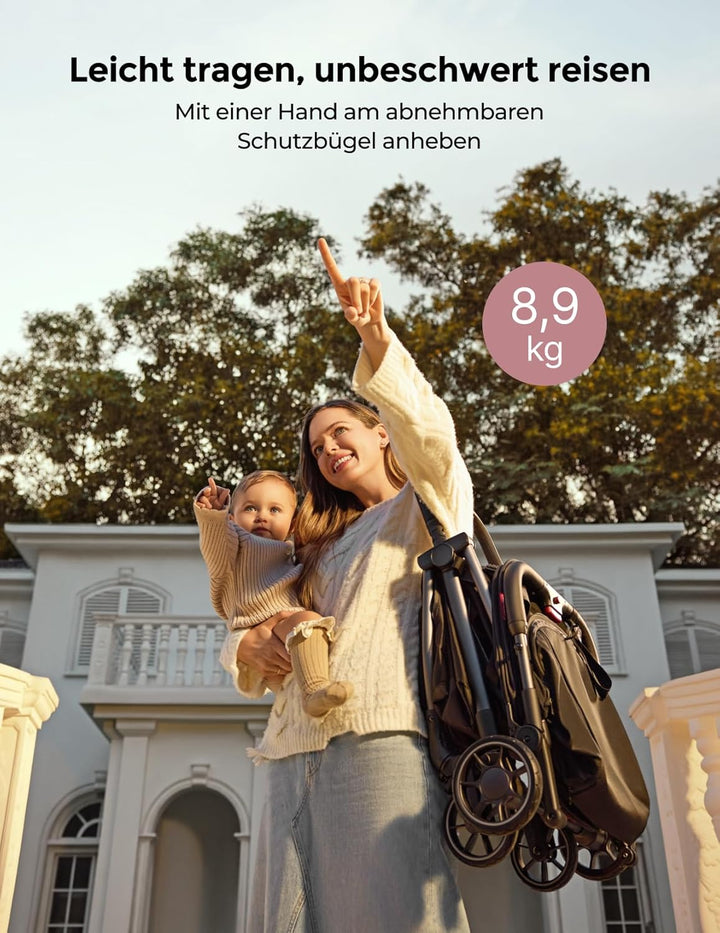 Momcozy ClickGo Buggy klein zusammenklappbar als Flugzeug-Handgepäck, Einhand-Klappmechanismus, mit