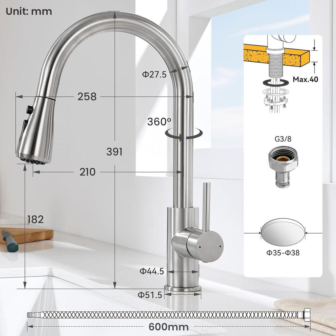 CECIPA Wasserhahn Küche mit 3 Modi, Hochdruck Küchenarmatur mit Brause Ausziehbar, Mischbatterie Küc