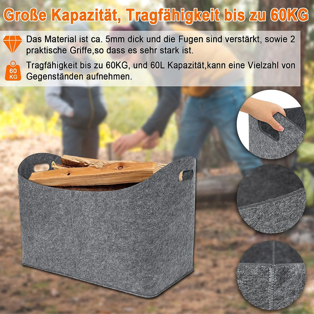 HENGMEI Filztaschen für kaminholz 2 Stück Kaminholztasche Faltbar Filzkorb Kaminholzkorb Einkaufstas