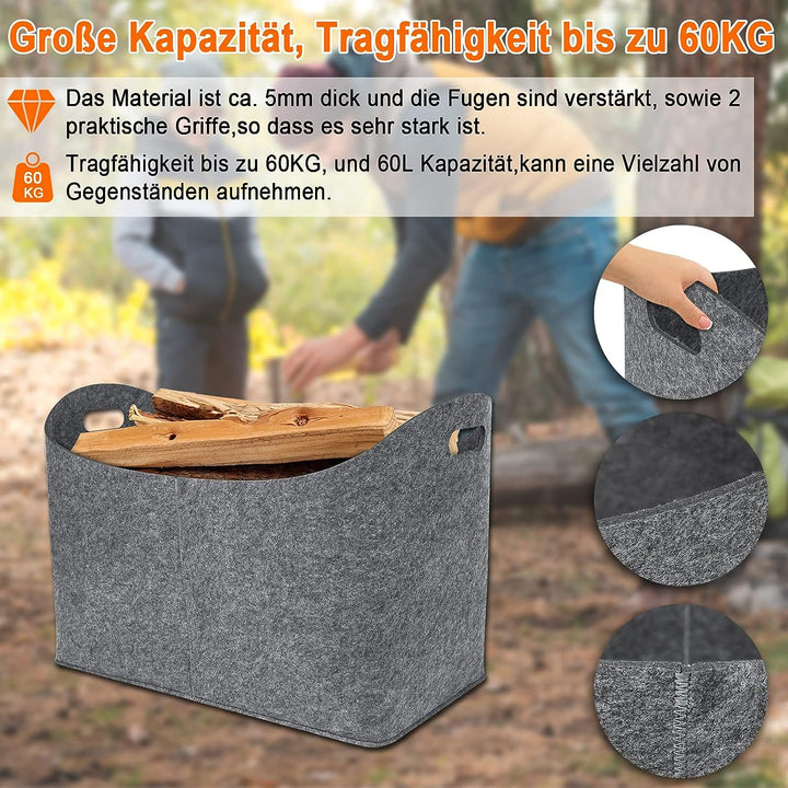 HENGMEI Filztaschen für kaminholz 2 Stück Kaminholztasche Faltbar Filzkorb Kaminholzkorb Einkaufstas