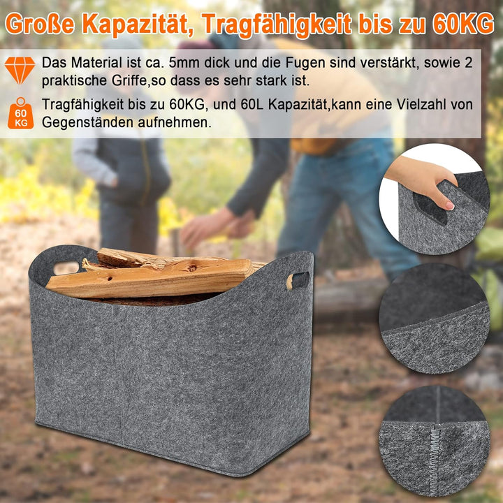 XXL Filztasche Kaminholzkorb mit Verstärkter Griff, Holzkorb für Kaminholz aus Filz, Filztaschen Sho