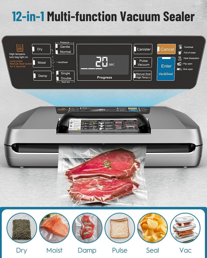 Vakuumiergerät Profi, 95kPa 12-in-1 Vakuumierer für Lebensmittel, Unterstützung non-stop Vakuumierve