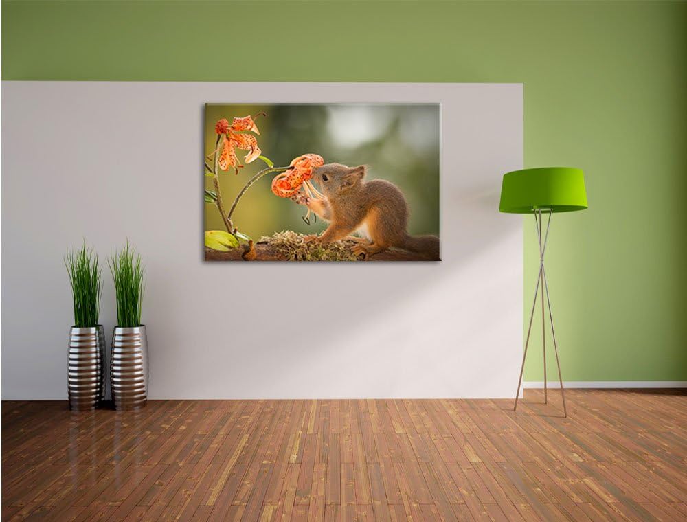 Pixxprint süsses Eichhörnchen riecht an Einer Blume, Format: 100x70 auf Leinwand, 100x70