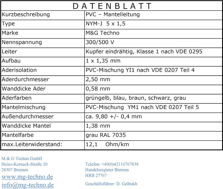 OKSI 40m NYM-J 5x1,5 mm² Mantelleitung Feuchtraumkabel Elektrokabel Kupfer Made in Germany, 40m NYM-