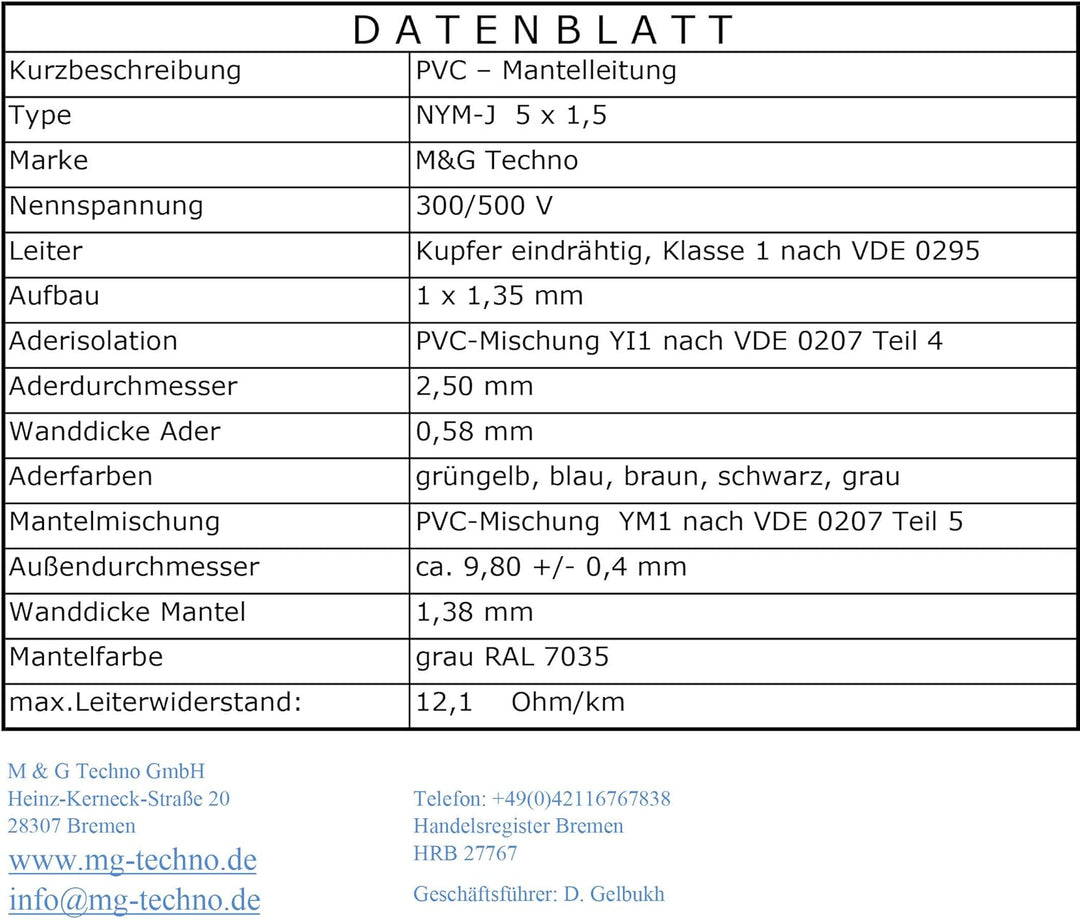 M&G Techno 100m NYM-J 5x1,5 mmІ Mantelleitung Feuchtraumkabel Elektrokabel Kupfer Made in Germany, 1