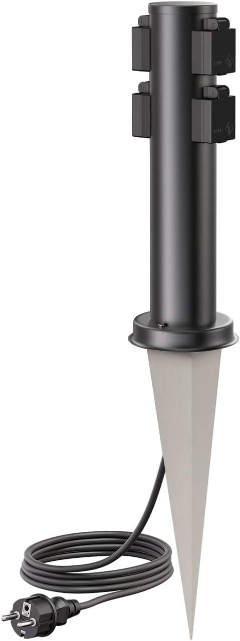 ledscom.de Garten-Steckdosen-Säule PORU mit Erdspiess und 2m Kabel für aussen, 4-Fach, Edelstahl, sc