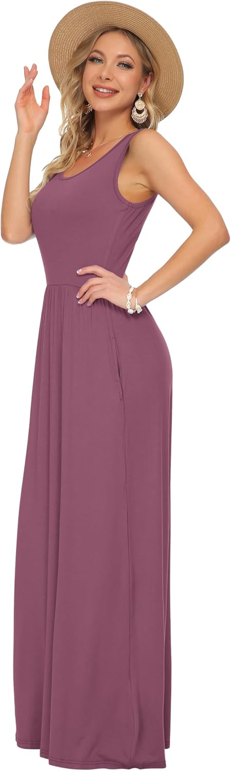 AUSELILY Damen Sommer Maxikleid | Ärmelloses,Taschen,Lockeres,Lässiges,Langes,Atmungsaktives Materia