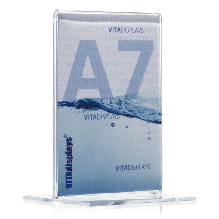 10 Stück Werbeaufsteller als T-Ständer/T-Aufsteller im DIN A7 Hochformat, transparenter Tischaufstel