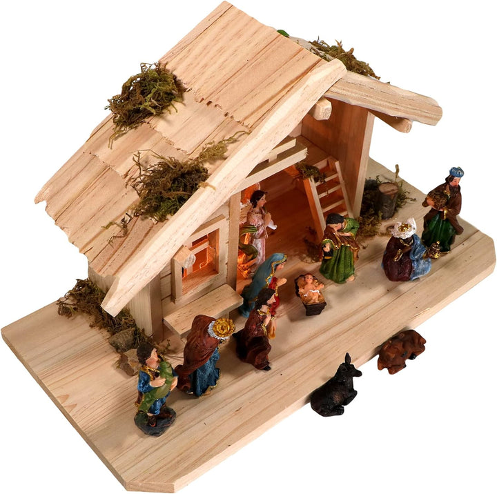 mgc24 Weihnachtskrippe Tischkrippe aus Holz, komplett mit 11 Krippenfiguren handbemalt,