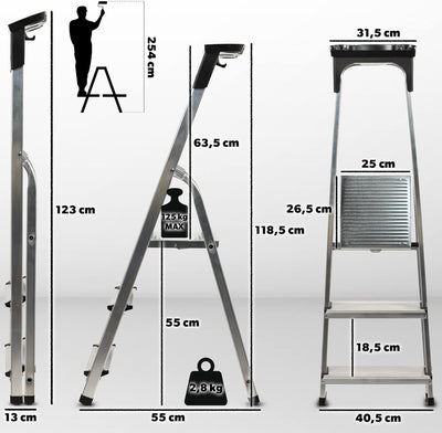 KADAX Aluminiumleiter, Stehleiter bis zu 125 kg, Stufenleiter, Trittleiter, Alu-Sicherheits-Stehleit