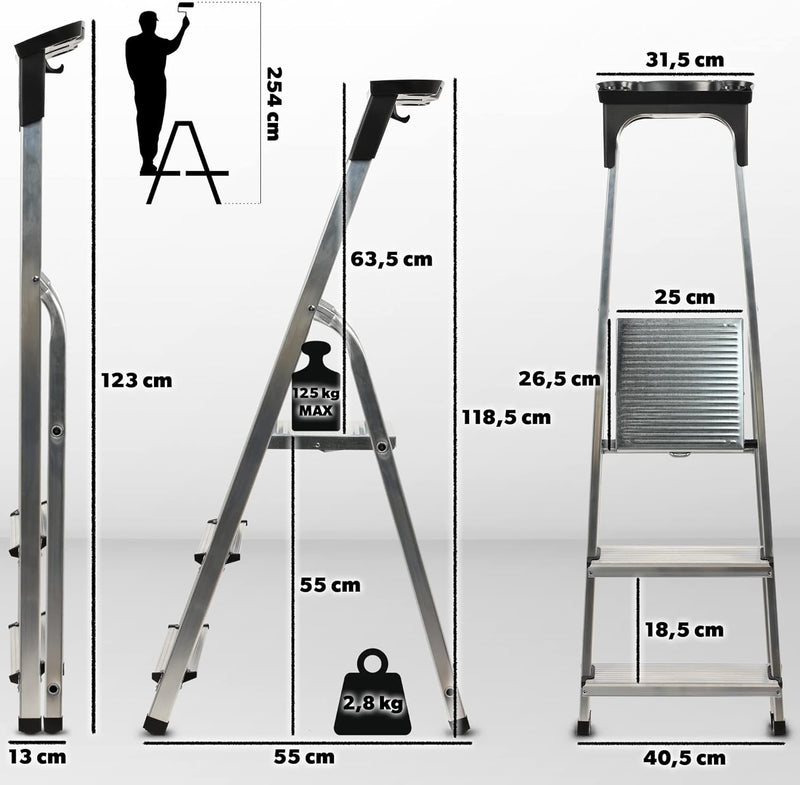 KADAX Aluminiumleiter, Stehleiter bis zu 125 kg, Stufenleiter, Trittleiter, Alu-Sicherheits-Stehleit