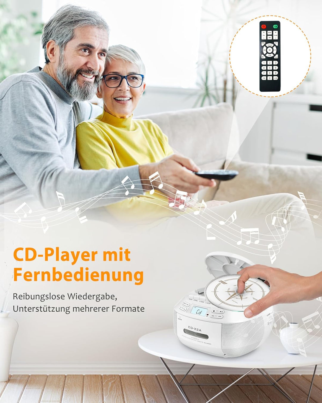 Greadio Boombox CD Player Tragbar, Kassettenspieler mit Bluetooth, FM Radio mit Fernbedienung, AUX-/