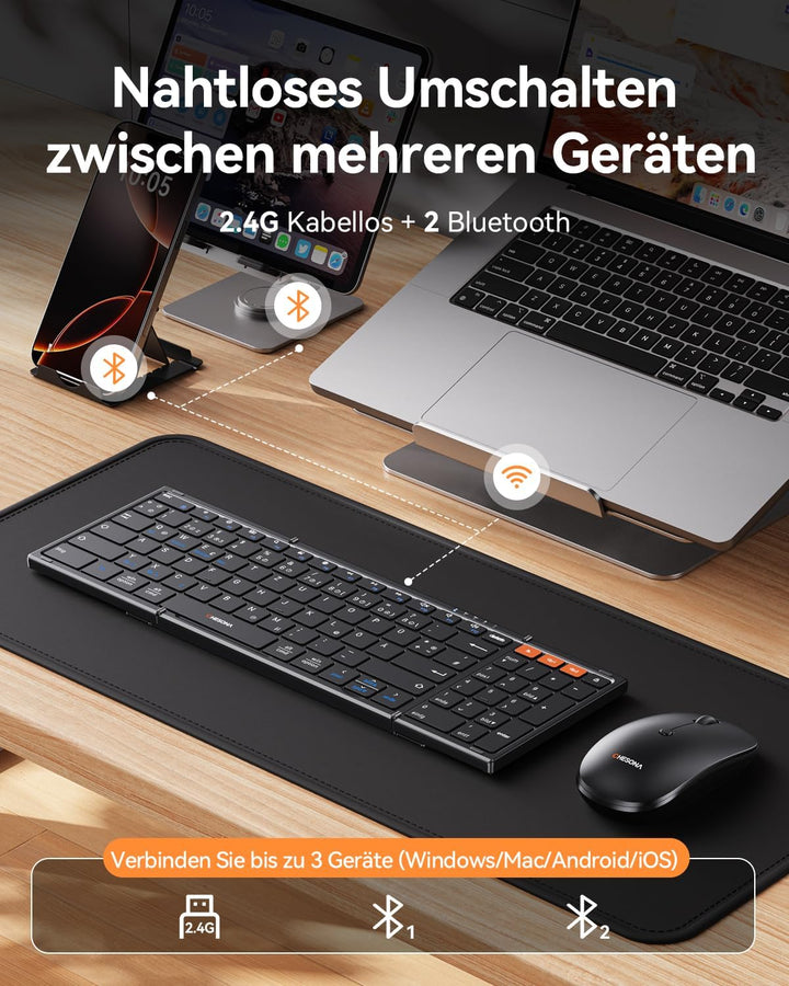 Chesona Faltbare Tastatur und Maus Sets – Ultra Slim 600g mit 2,4 G + Dual-Bluetooth, kompakte kabel