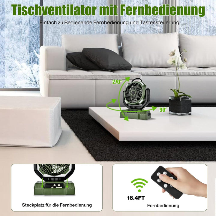 Camping Ventilator mit Akku 10000mAh, Tragbarer Ventilator Leise mit LED-Licht, 270° Rotieren Tischv
