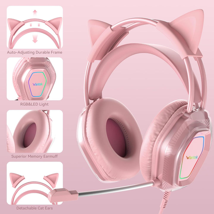Wantak Katzenohr Kopfhörer mit Mikrofon – Kabel (3,5mm/USB) – Gaming Headset für PC/PS5/Xbox – Noise