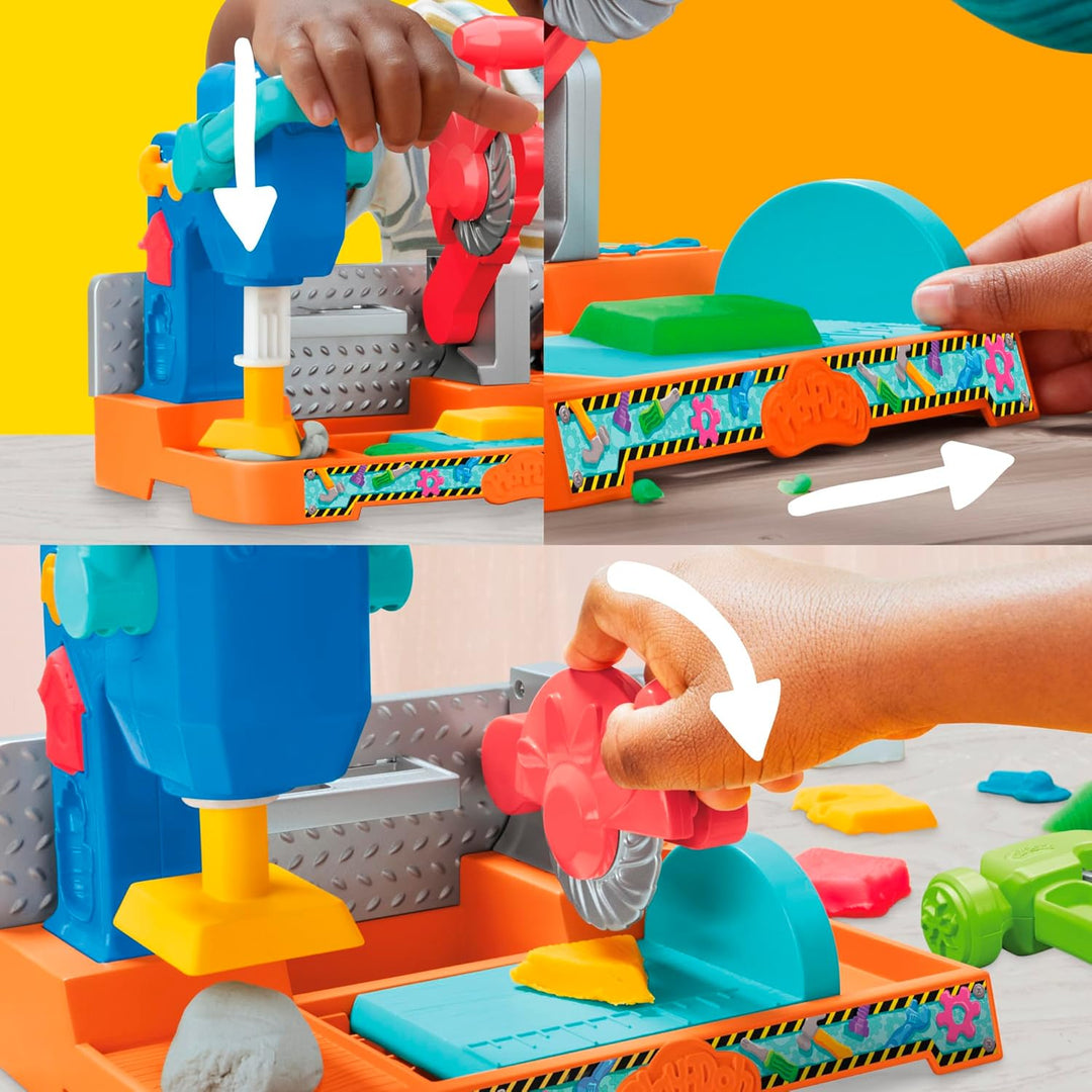 Play-Doh Werkbank Spielset, 5 x 56 g Dosen Modelliermasse in bunten Farben, mit Kreissäge-Spielzeug,