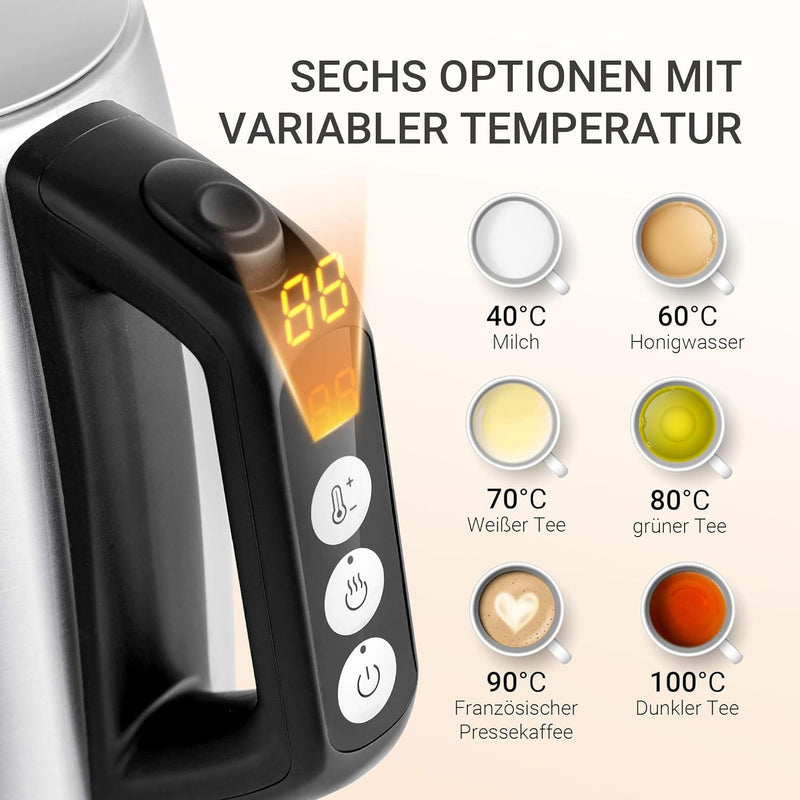 Midea Wasserkocher aus Edelstahl 1,7 Liter, Wasserkocher mit Temperatureinstellung (40, 60, 70, 80,