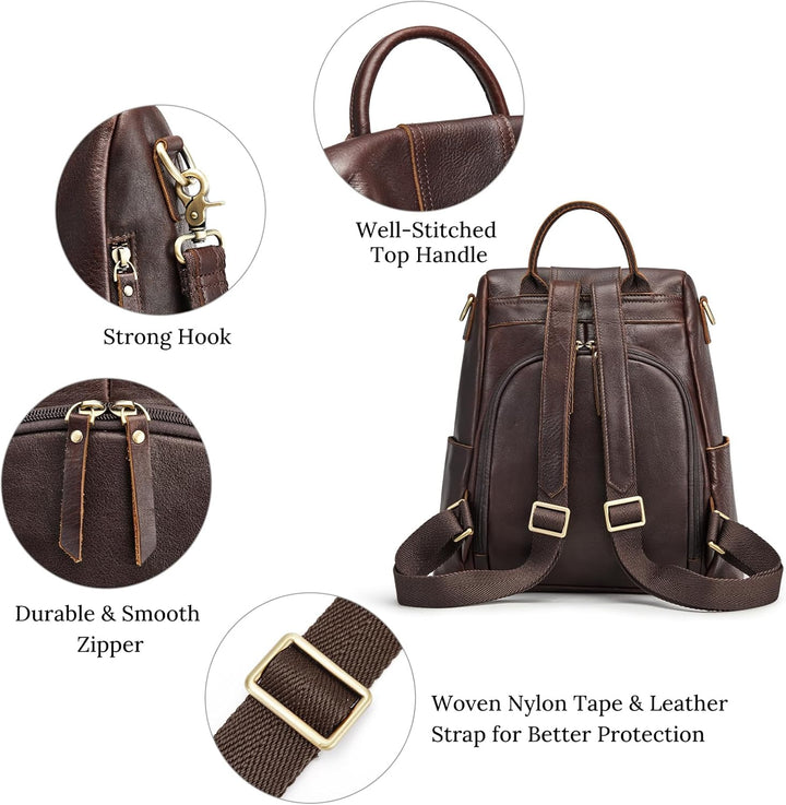 S-ZONE Damen Rucksack Wasserdicht Weiches Echtleder Anti Diebstahl Mode Schultasche Handtasche Casua