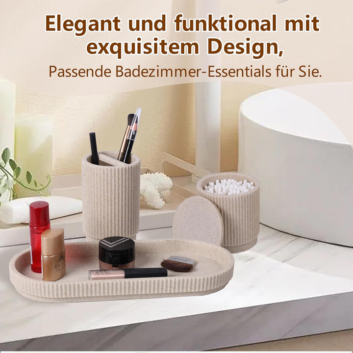 Badezimmer Set 6-teilig – Seifenspender + Zahnputzbecher mit Tablett & Wattestäbchenbox – Streifen-D