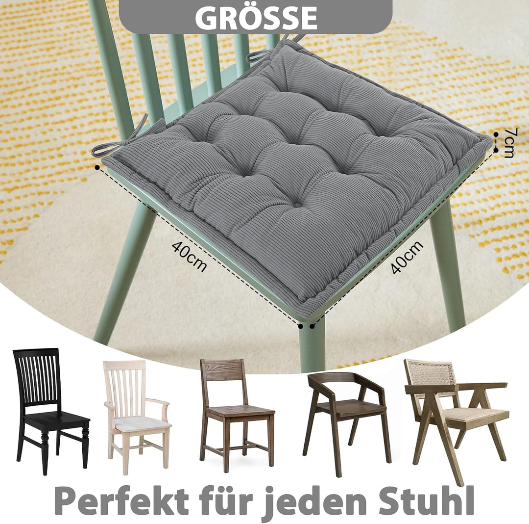 Indoor Sitzkissen Stuhl 2er Set – Komfortable Cordstoff-Sitzmatte Stuhlkissen mit Bändern, Hochwerti