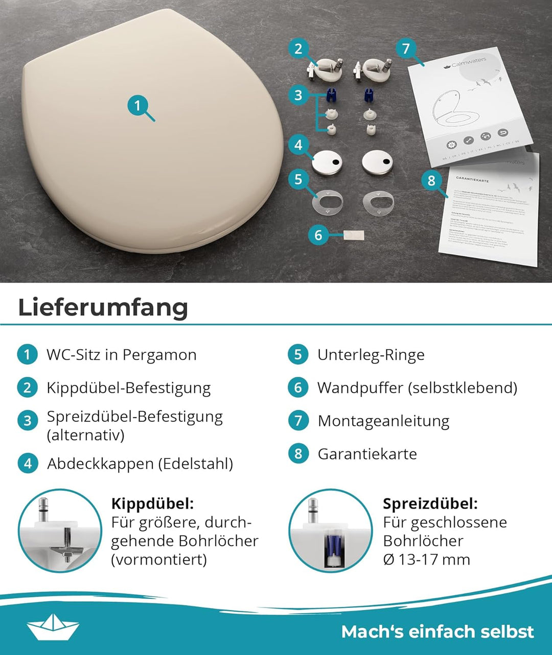 Calmwaters® Toilettendeckel mit Absenkautomatik, Made in EU, antibakterieller Klodeckel, WC Sitz, Kl