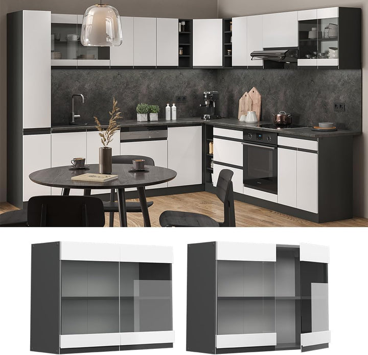 Vicco Küchenschrank Glas R-Line, Weiss/Anthrazit, 80 cm J-Shape Weiss Hängeglasschrank 80 cm, Weiss
