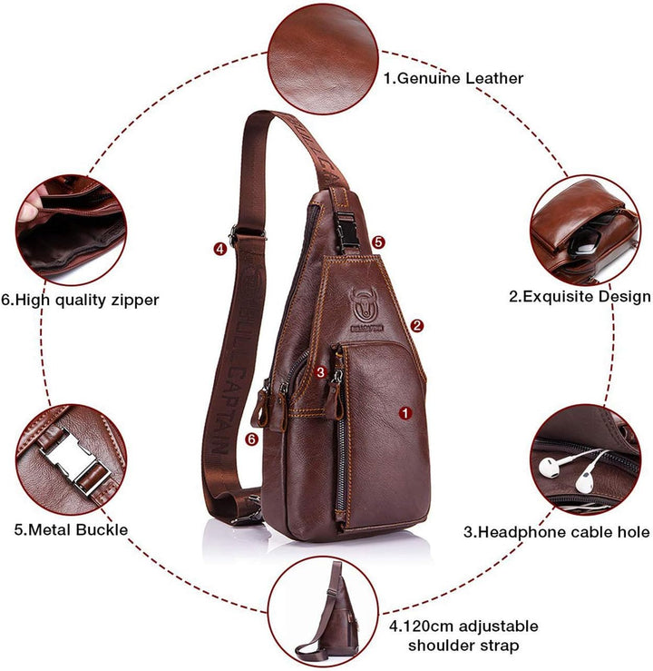 BULLCAPTAIN Tasche Leder Herren Sling Bag, Umhängetasche, Brusttasche, Rucksack zum Wandern, Radfahr