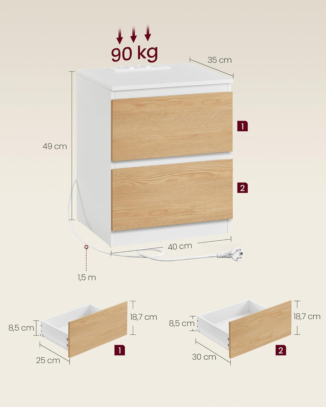 VASAGLE Kailyn Kollektion - Nachttisch mit Steckdosenleiste, 2er Set, Beistelltisch 2 Schubladen, 2