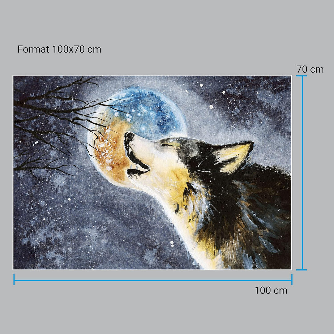 wandmotiv24 Poster als Wanddeko, Grösse 100x70cm, Heulender Wolf, Gemälde, Mond, Mitternacht, Tier,