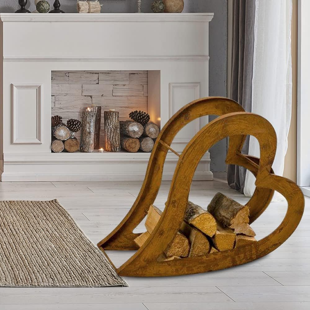 etc-shop Regal Kamin Feuer Brenn Holz Lager Aufbewahrung Ständer Herz Design Rost Optik Innen Aussen