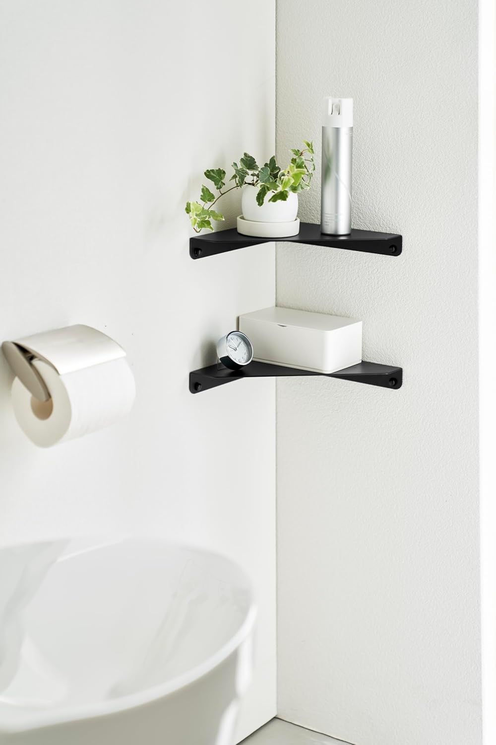 Yamazaki 6912 TOWER Wandmontiertes Eckregal, schwarz, Stahl, minimalistisch, 22 x 22 x 3.3 cm One Si
