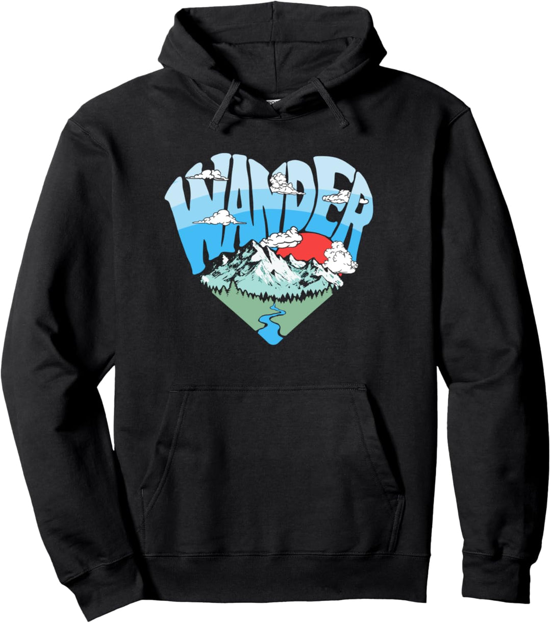 Wander Retro Outdoor Nature Lover Heart Sketch Graphic Pullover Hoodie