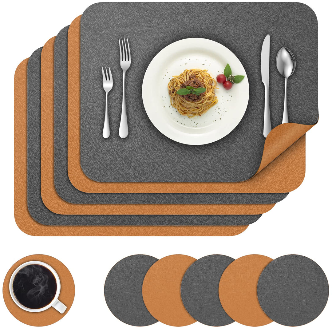 Tischsets Abwaschbar,6er Set Zweifarbig Platzset mit Untersetzer,Abwischbar Platzsets,Tischset Leder