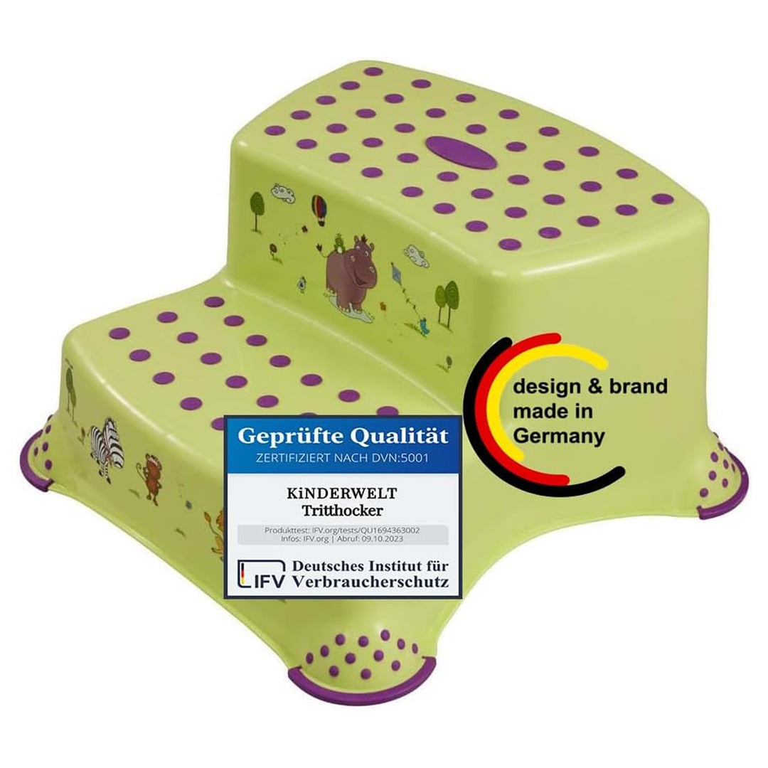 KiNDERWELT Premium zweistufiger Tritthocker für Kinder und Babys, Hippo Design in Grün, Tritthocker