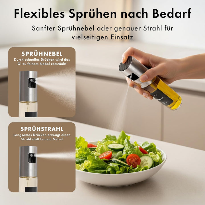 Ölsprüher 2er Set - Hochwertige Öl-Sprühflasche aus Edelstahl & Glas, für gesundes Kochen I Sprüher