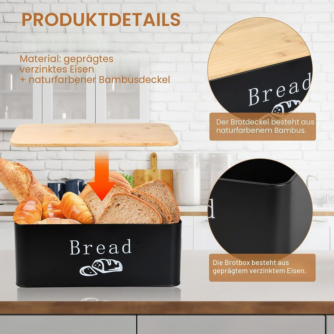 Joyan Brotkasten Metall mit Bambusdeckel als Schneidebrett - Grosse Brotbox für langanhaltende Frisc