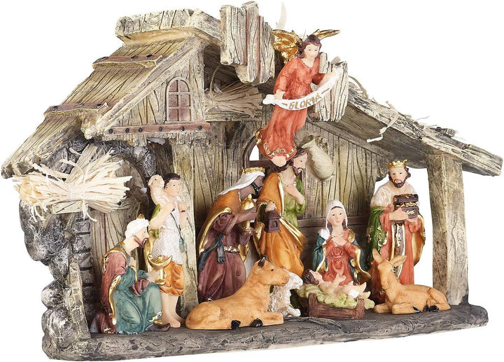 PEARL Krippen: Weihnachtskrippe aus Polyresin mit 11 handbemalten Figuren (Krippe mit handbemalten
