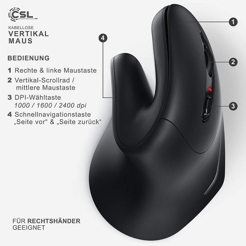 CSL - kabellose Vertikal Maus - Bluetooth + 2,4 GHz Funkmaus - Wireless Vertical Mouse – ergonomisch